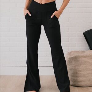 RAE MODE RIBBED V-WAIST FLARE LEGGINGS Women SMALL wine front pockets pants NWOT